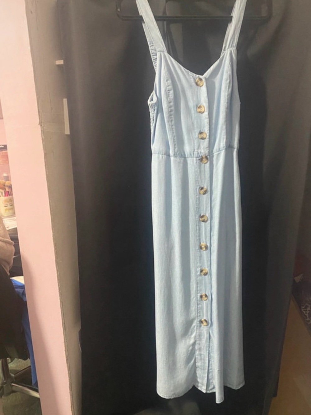 Light Blue Button-Front Maxi Sundress with Adjustable Straps